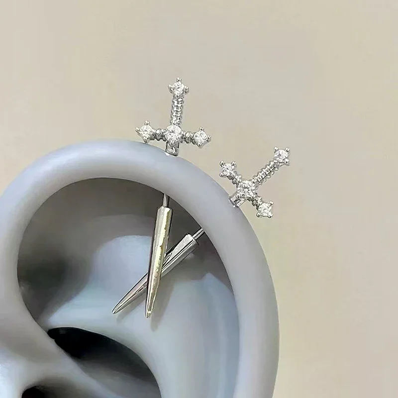 Shaped Rhinestone Cross Earrings For Women Men Punk Zircon Floating Helix Piercing Ear Cartilage Jewelry Couple Gifts