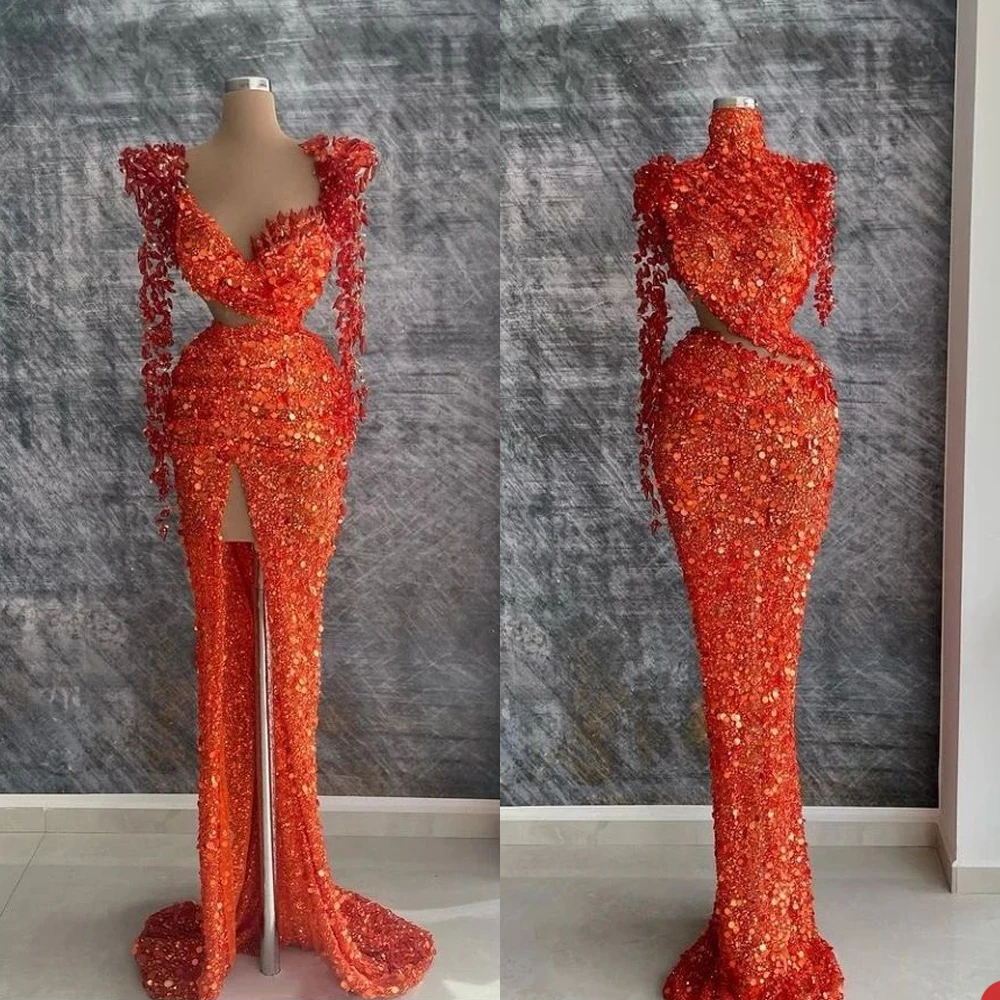 Maßgeschneidertes Afrika-Abendkleid mit glitzernden Pailletten, langärmelig, Meerjungfrau-Abschlussballkleider, glänzende, seitlich geteilte formelle Partykleider in Übergröße