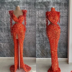 Customized Glitter Sequins Africa Evening Dress Long Sleeve Mermaid Prom Gowns Shiny Side Split Formal Party Dresses Plus Size