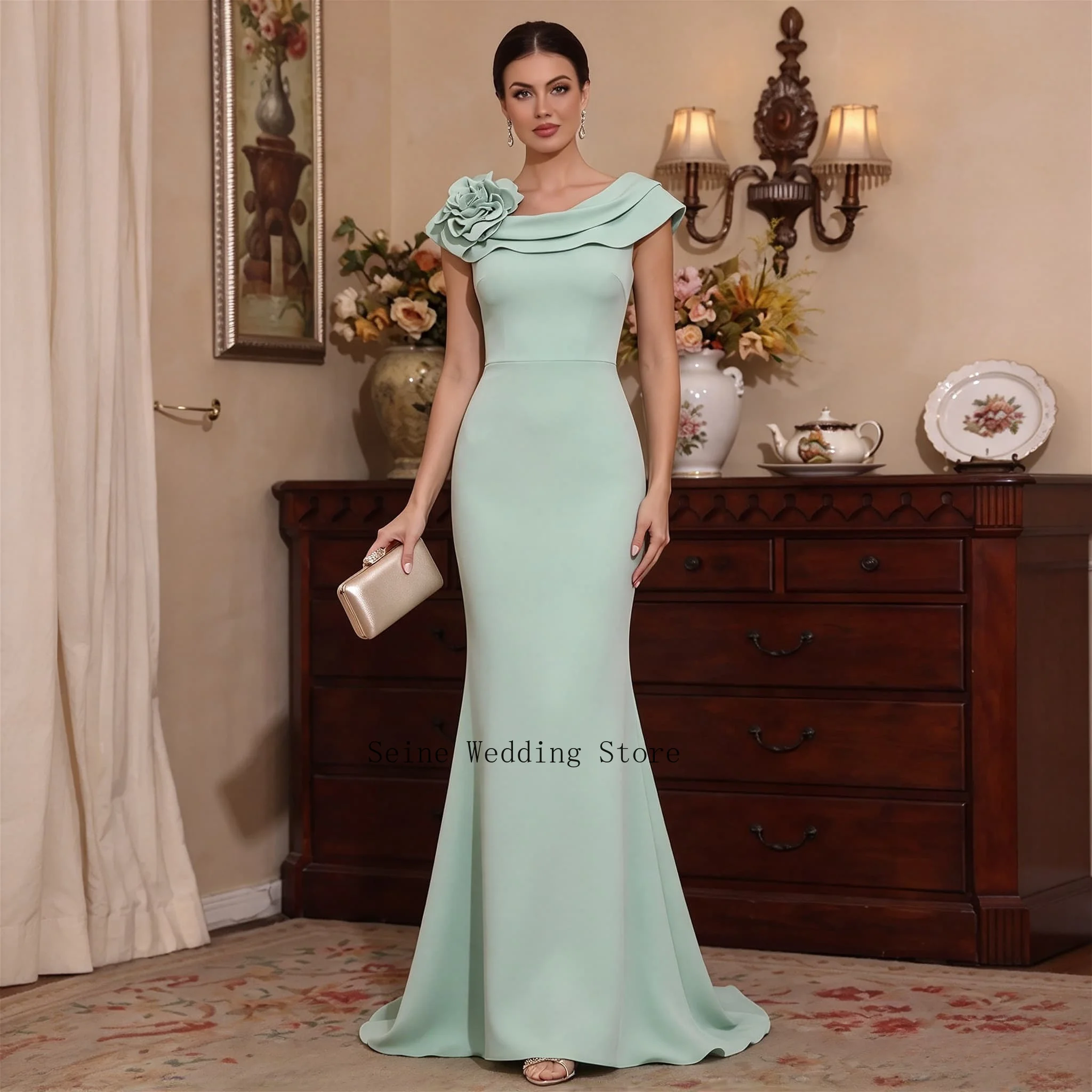 Customized Sage Green Mermaid Crepe Evening Dress 3D Floral Off The Shoulder Cap Sleeve Formal Wedding Party Gown Prom Dresses