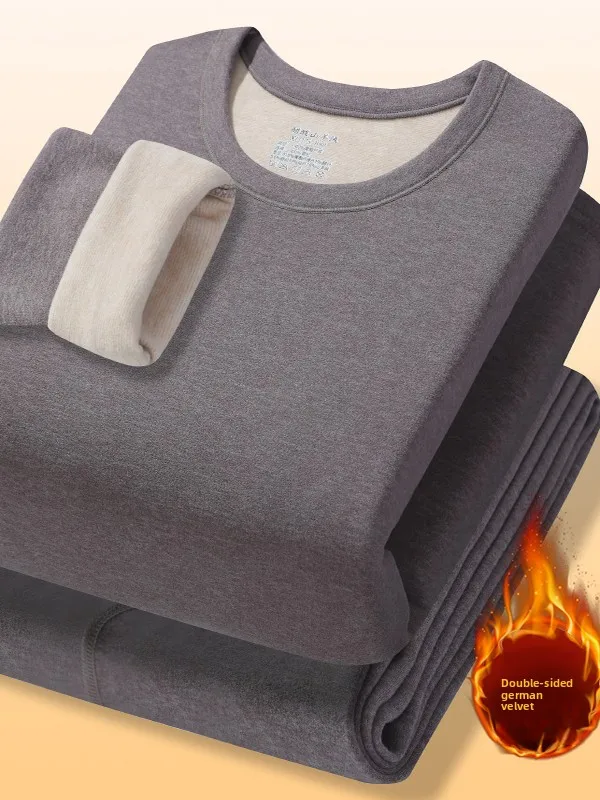 

Warm Underwear Set for Men round Ne Thiened Pure Color Cotton Wool Dervo Anti-Cold Base Layer T-irt And Long Pants