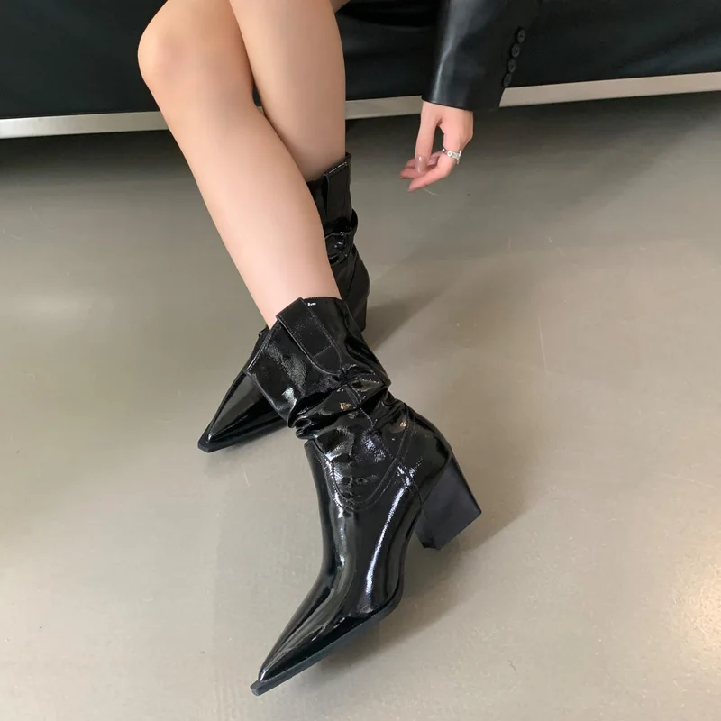 6cm Chunky Boots Women Black Pointed Toe Ankle Boots Casual Ladies High Heels Fall Short Shoes Zapatos Mujer 2024