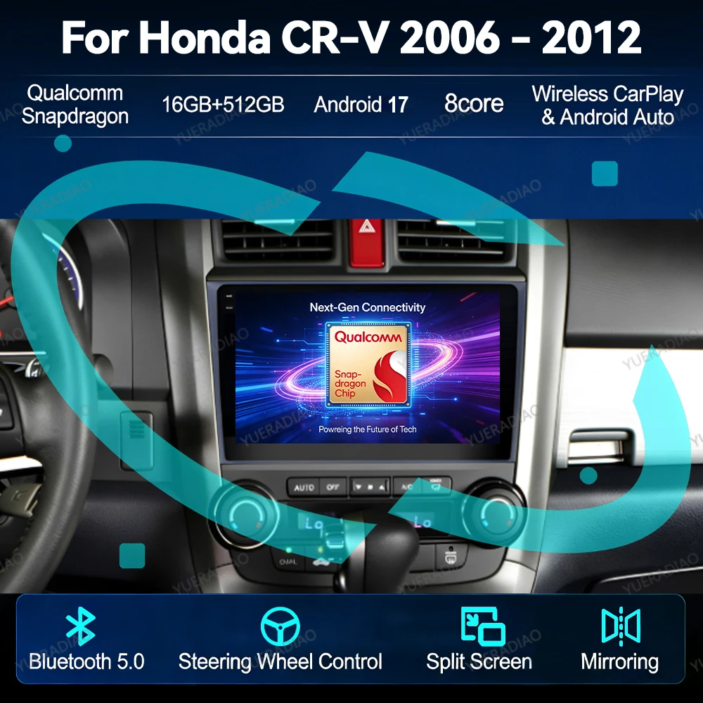 Radio para Auto Android 17 con Carplay y Android Auto, Qualcomm para Honda CR-V 3 RE CRV 2006-2012, Reproductor Multimedia de Video, 4G WIFI, GPS, Navegación