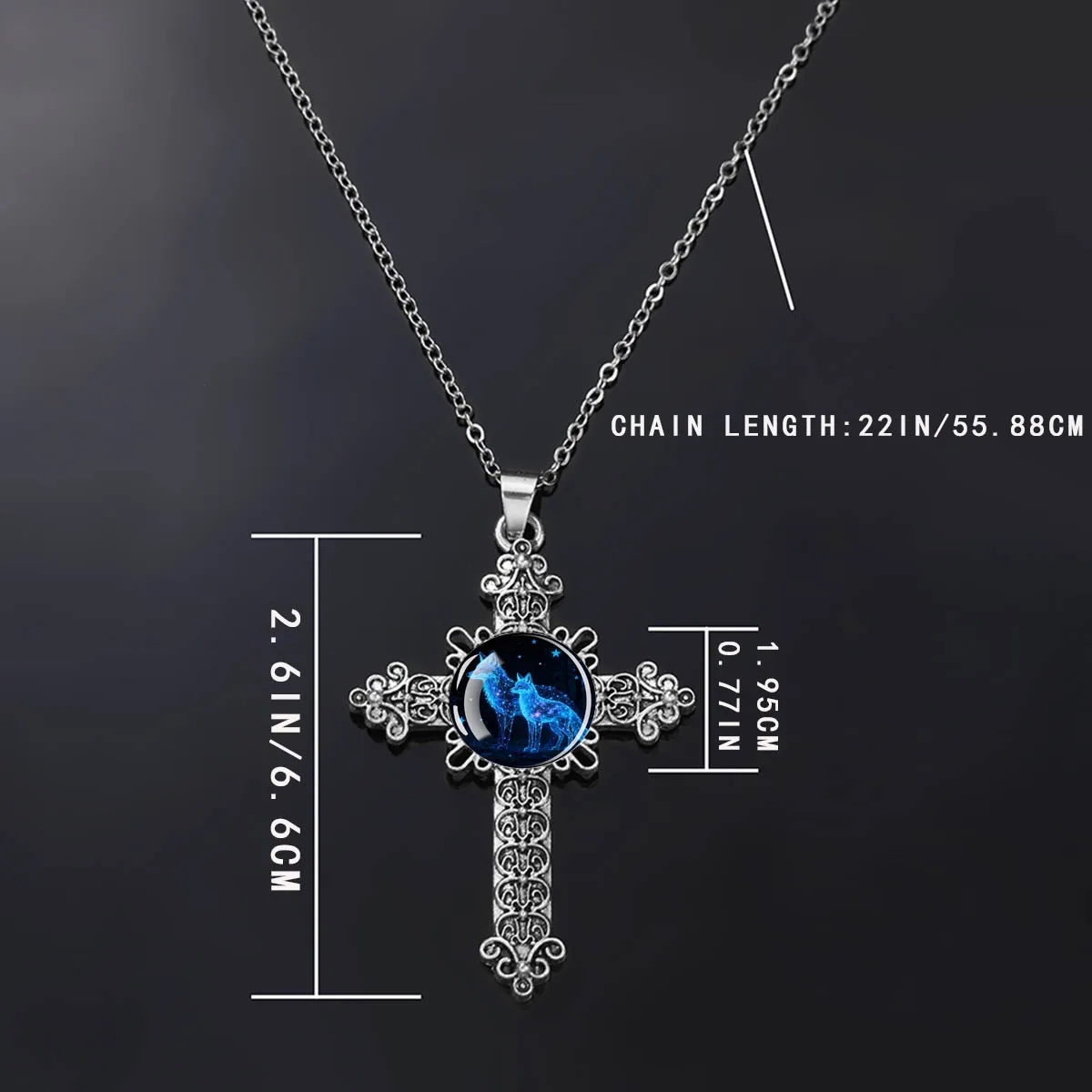 1PC Blue Glowing Fox Patterned Dome Glass Embedded in Cross Pendant Necklace, Holiday Gift, Birthday Gift