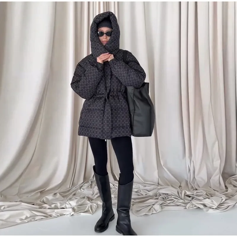 Upgraded Thickened Allover Printed Mid Length Padded Coat Stand Collar Drawstring Waist Windproof 2026 Winter Women Outer Jacket