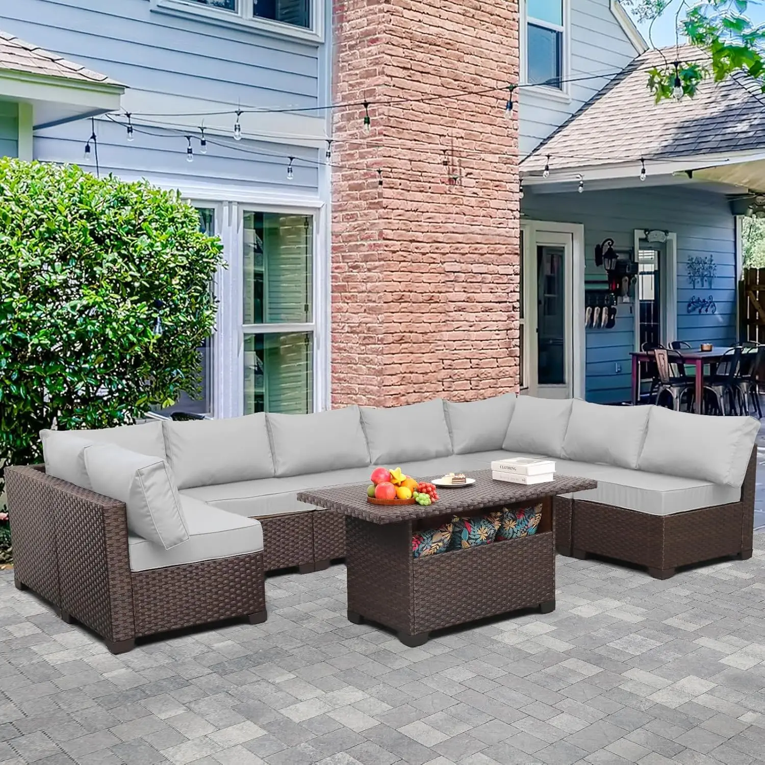 

9-Piece Patio Rattan Furniture Set with Storage Table Outdoor Sectional Conversation Couch Brown PE Wicker Sofa