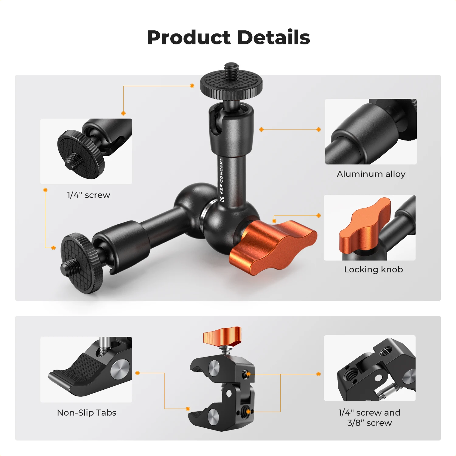 K&F Concept Magic Arm Super Clamp Kit with 1/4" & 3/8" Thread Screw Articulating Friction Arm Cold Shoe Clamp Mount for Monitor - Image 2