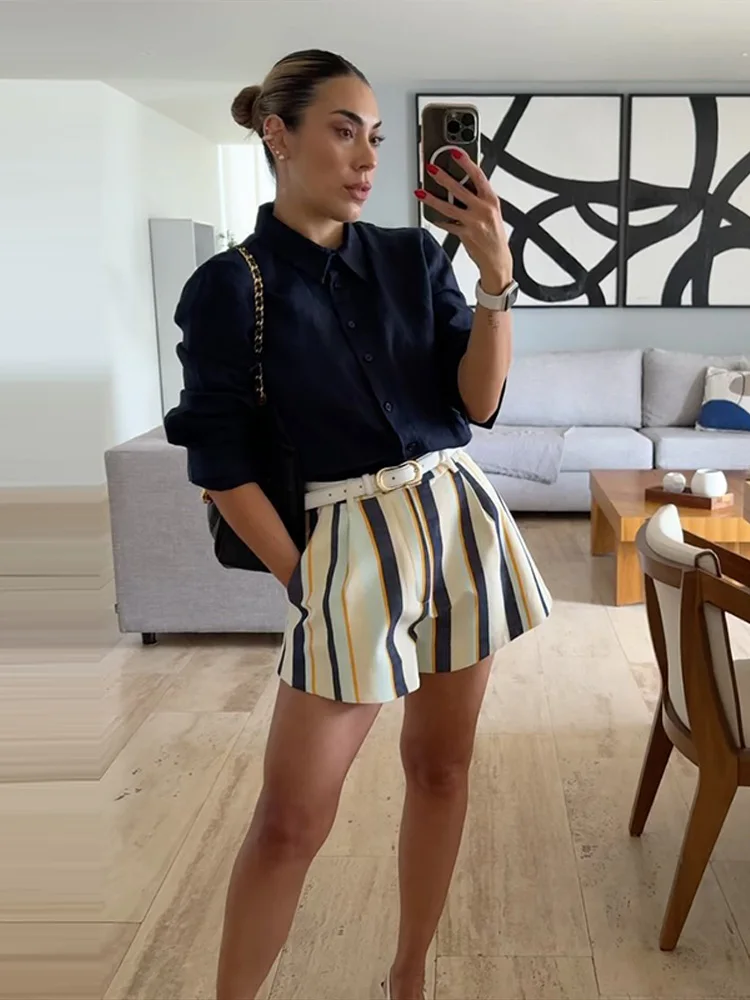 Midi-Shorts mit Streifenmuster für Damen, Streetwear-Stil, Einzelknopfverschluss, Taschen, Paneel-Design, Locker Sitzende Kurze Hose, Modische Damenkleidung für Party und Straße – Detail 9