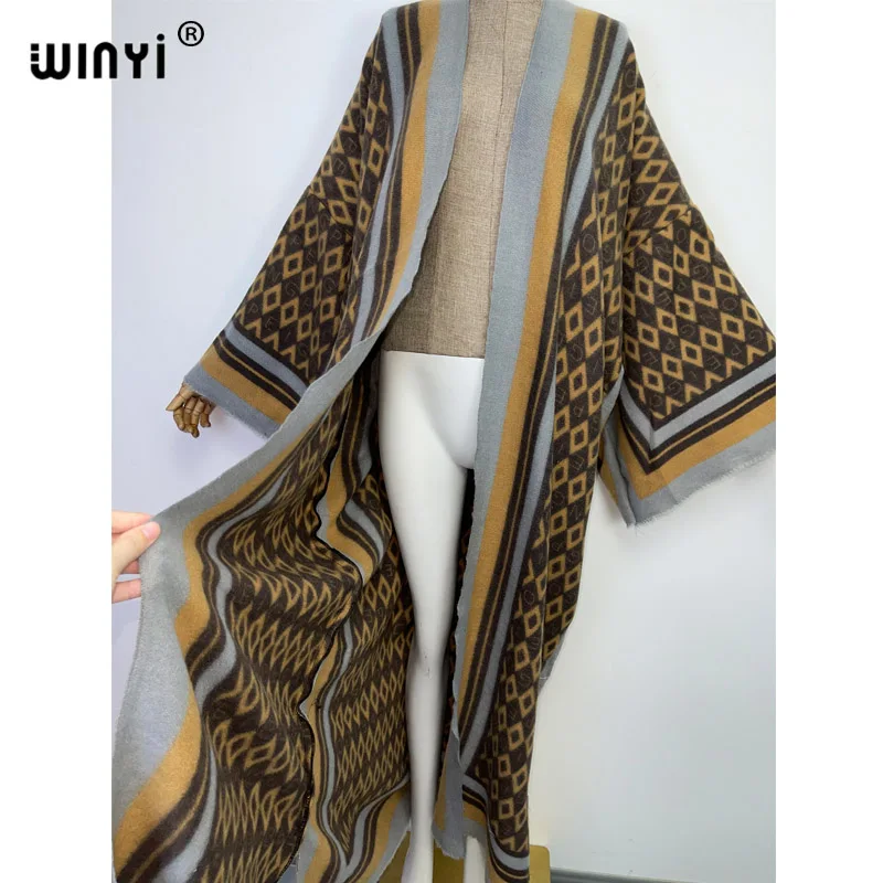 WINYI Africa fashion winter Women elegant Vintage printing Long Dress Elegant Full Sleeve Casual warm coat kimono loose overcoat