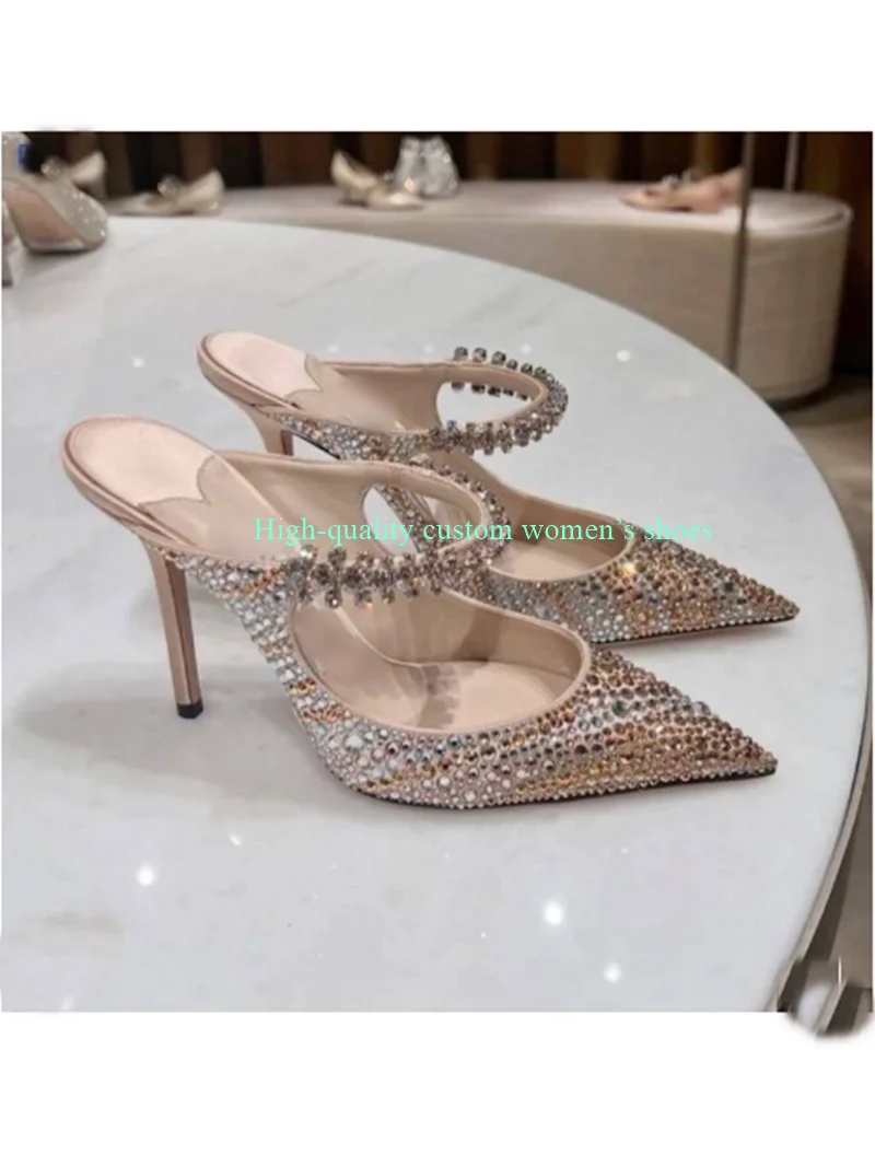 Pointed Green And Red Color-Blocked Full of Rhinestone Decorations Women's High Heels Metal Decorated Low-cut Luxury Sandals