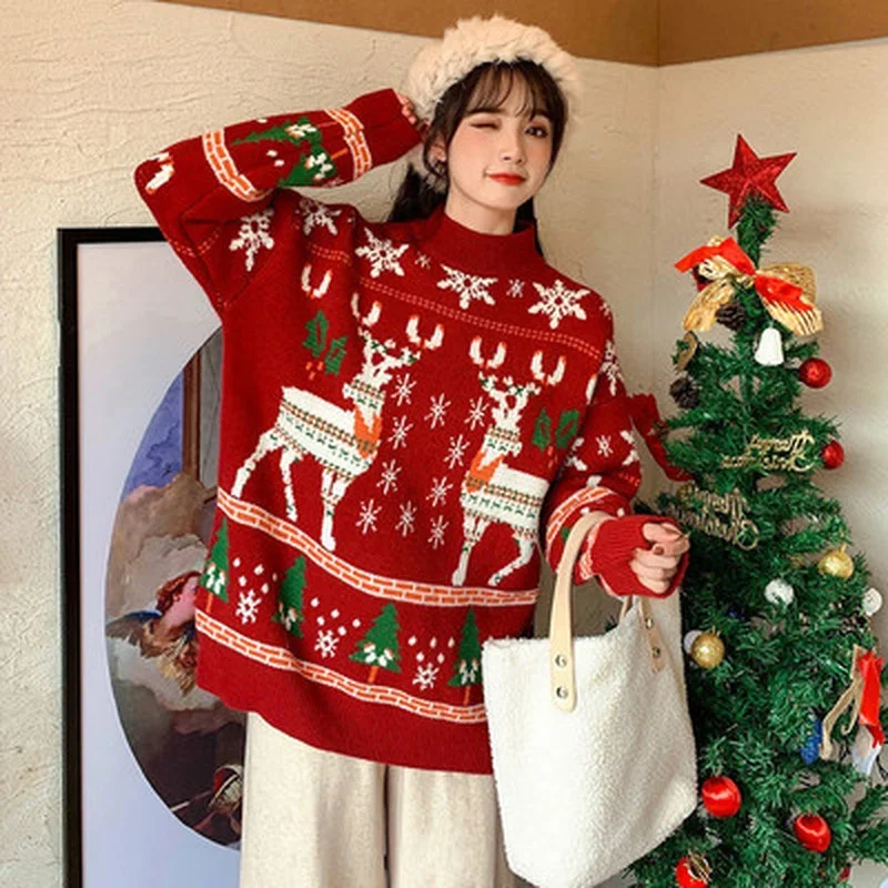 Donna Elk maglioni autunno inverno oversize natale maglione lavorato a maglia donna 2022 rosso verde sciolto top Femme Chandails Pull Hiver