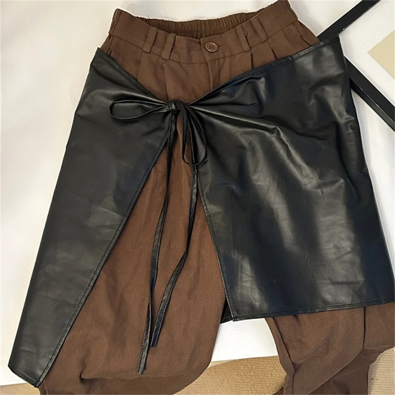 F42F Women Aesthetic Apron Skirt Hip Cover Up Scarf Vintage Tie Up Faux Leather Half Wrap Skirt Covering Overskirt Streetwear