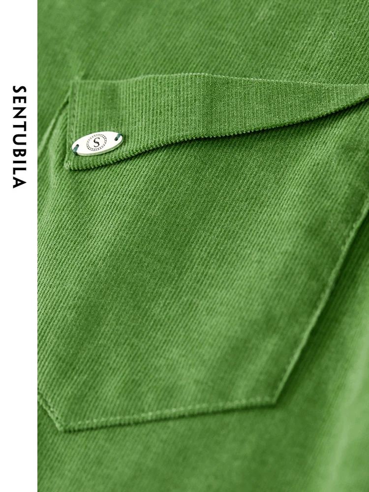 SENTUBILA Women\'s Cotton Corduroy Shirt Lapel Single Breasted Spring Green Loose Blouse Women 2024 Long Sleeve Top 133C51681