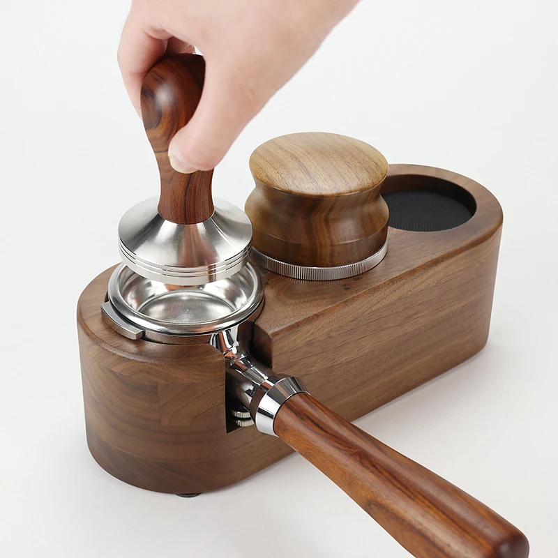 51mm/53mm/58mm Kaffee Filter Halter Tamper Stehen Buche Nussbaum Holz Espresso Distributor Matte Basis rack Für Barista Zubehör – Detail 28