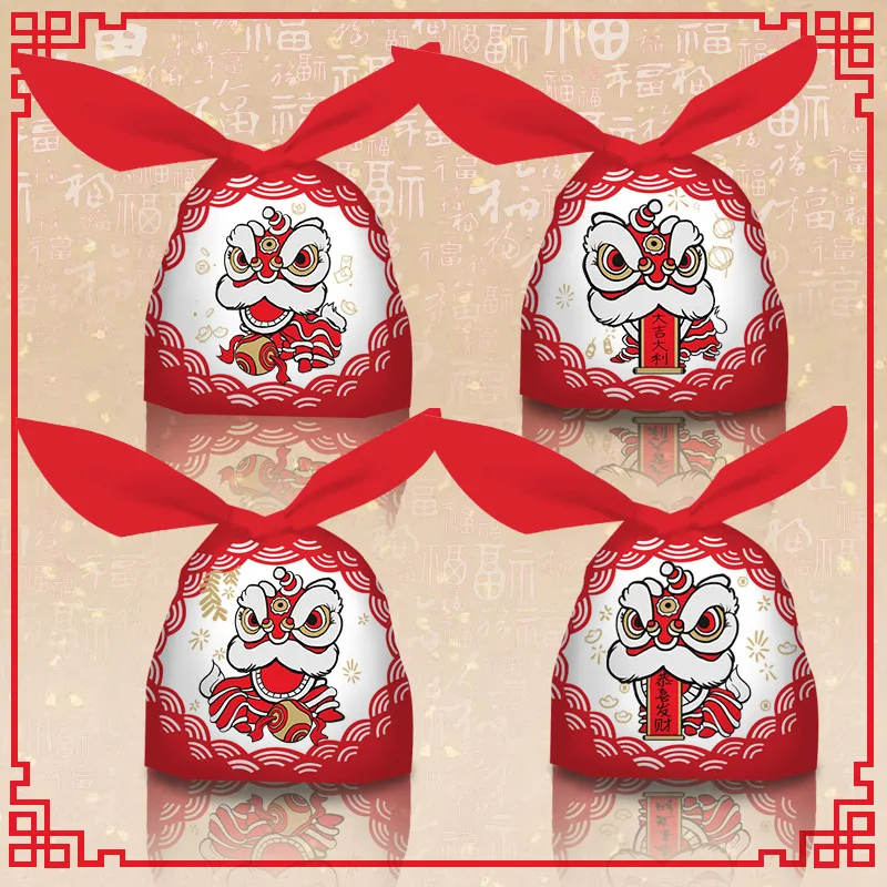 AQ Chinese Style Red Lion dance 4in1 Bakery Cookies Biscuits Long Rabbit Ear Packaging Bag China Festive Atmosphere DIY Gift Bag