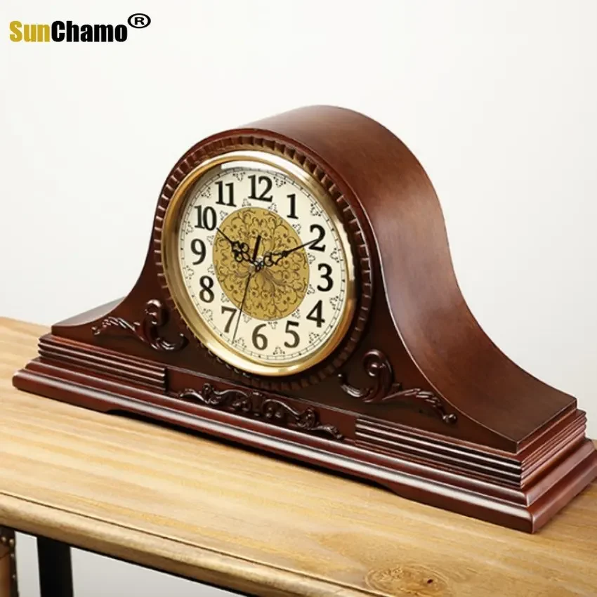 Vintage Table Clock Wooden Antique Watch Hourly Chime West Quartz Mute 17cm Living-Room Timer Geometric Wood Retro Europe Style