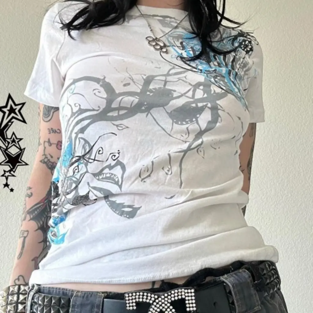 

2024 Spring New Y2K Cross-border Fashion Women's Top Personality Printed Slim-fit Short-sleeved Women's T-shirt