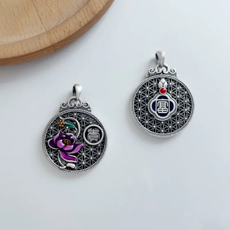 Archaic Rhyme Purple Lotus Flower Pendant 925 Silver Vintage Palace Style Enamel Round Necklace New in Clavicle Chain Jewelry