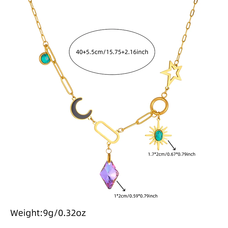 LAMENGLY 316l Stainless Steel Multi Element Splicing Amethyst Moon Stars Turquoise Elements Necklace Creative Clavicle Chain
