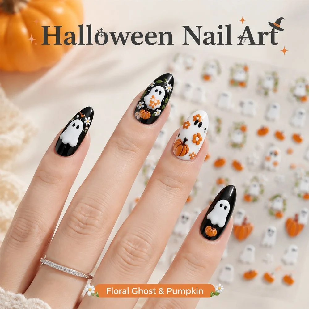 1Sheet Fresh Fall Theme Nail Stickers Stereo Smiley Ghost Pumpkin Tiny White Daisy Self Adhesive Holiday Nail Ornament