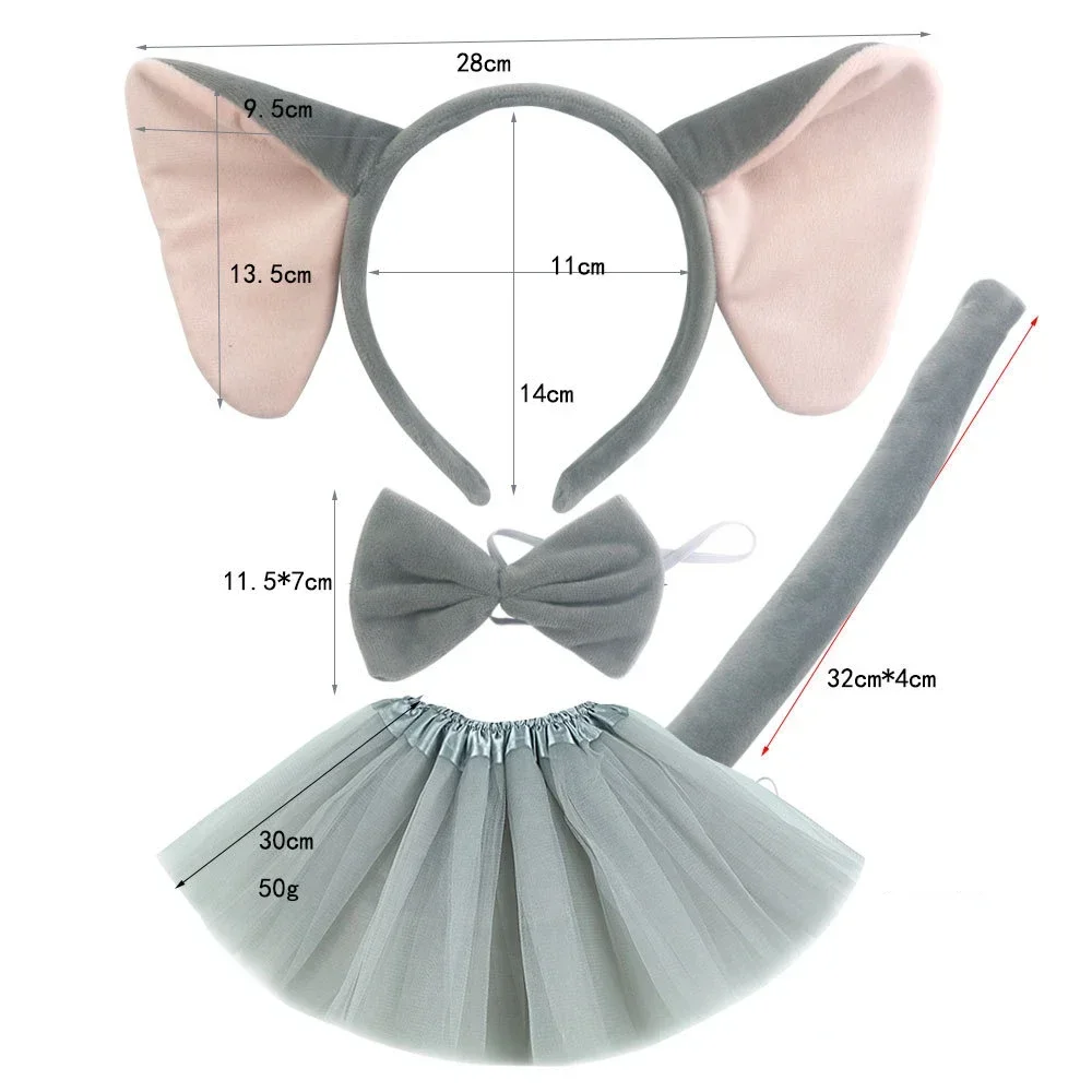 Elephant  Ears Headband Tail Bow Tie Paws Tutu Skirt Animal Fancy Kit   Party Halloween Costume Cosplay