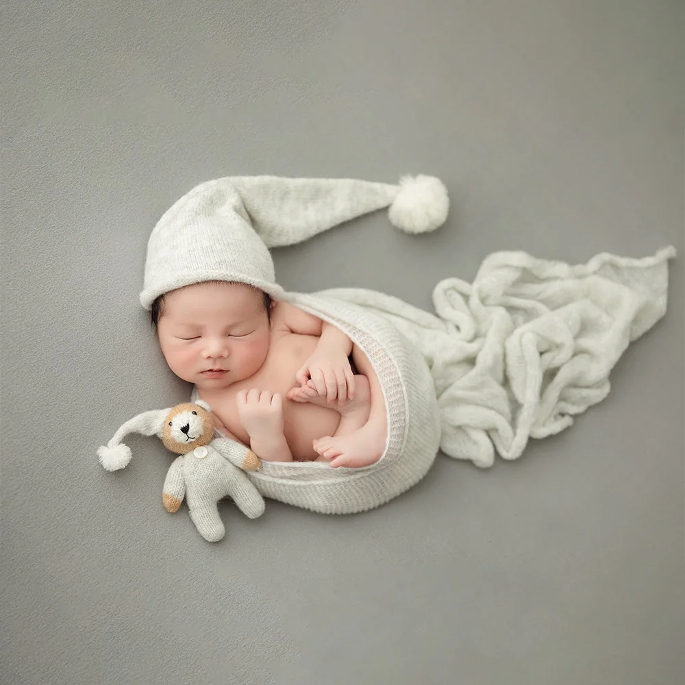 Pembungkus bayi baru lahir untuk fotografi rajutan lembut tinggi melar bungkus Goodnight topi buatan tangan boneka beruang studio bayi alat peraga pemotretan