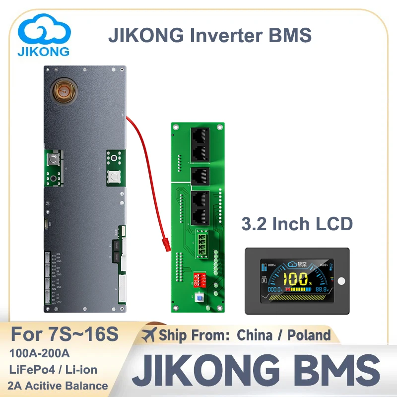 Jikong inteligente bms inversor balanceador ativo com display de 3.2 "8s-16s 100a-200a 8s-16s lifepo4/li-ion/lt armazenamento de energia doméstica bms