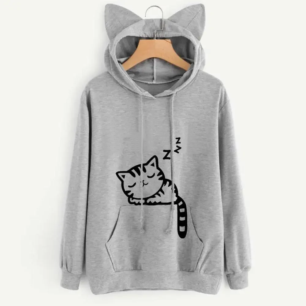 0408 Best Selling Loose Fit Fleece Printing Cat Pattern Hooded Sweatshirt EBay Hot Item Sweatshirt With Cap