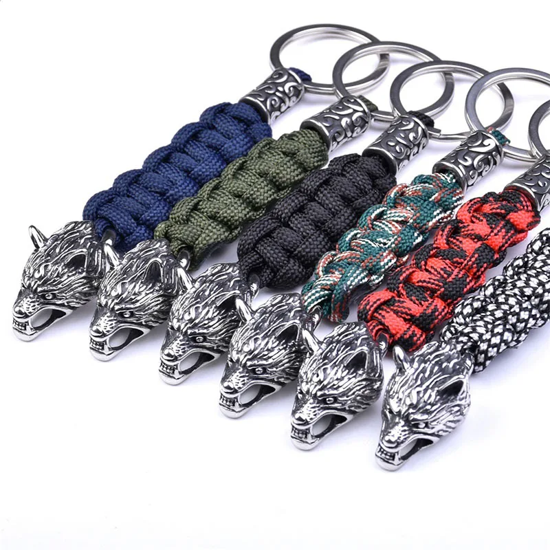 1Pc Stainless Steel Wolf Head Trinity Bead Diy Lanyard Viking Jewelry Survival Rope Keychain Handmade Womens Mens Paracord Ring