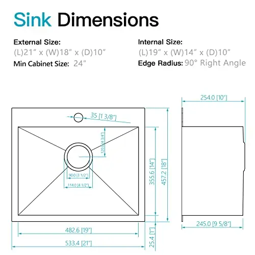 

21 Inch Black Drop-In Bar Sink 16 Gauge T304 Stainless Steel For Kitchen Prep Outdoor Laundry RV Wet Bar Island