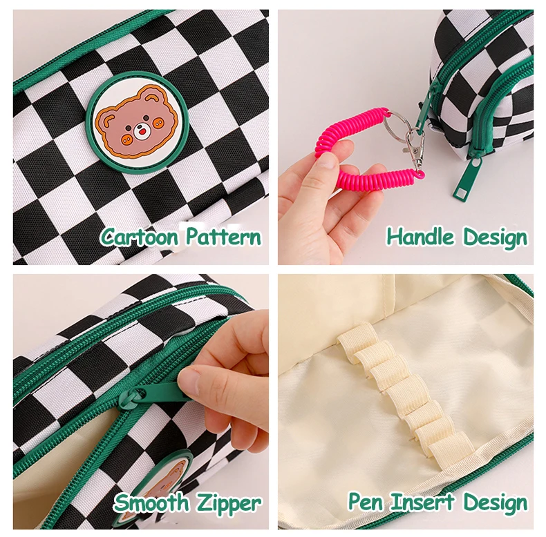 Sac à Crayons à Carreaux de Grande Capacité, Noir et Blanc, Étui à Crayons Kawaii, Poudres Mignonnes, Fournitures Scolaires de Papeterie Coréenne