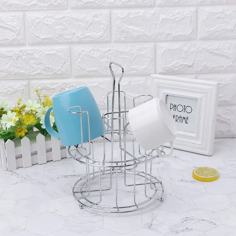 Stylish Mug Tree Iron Holder Coffee Cups Drain 6 Racks Stand Bottle Dish Drying Kitchen Living Room Accessory