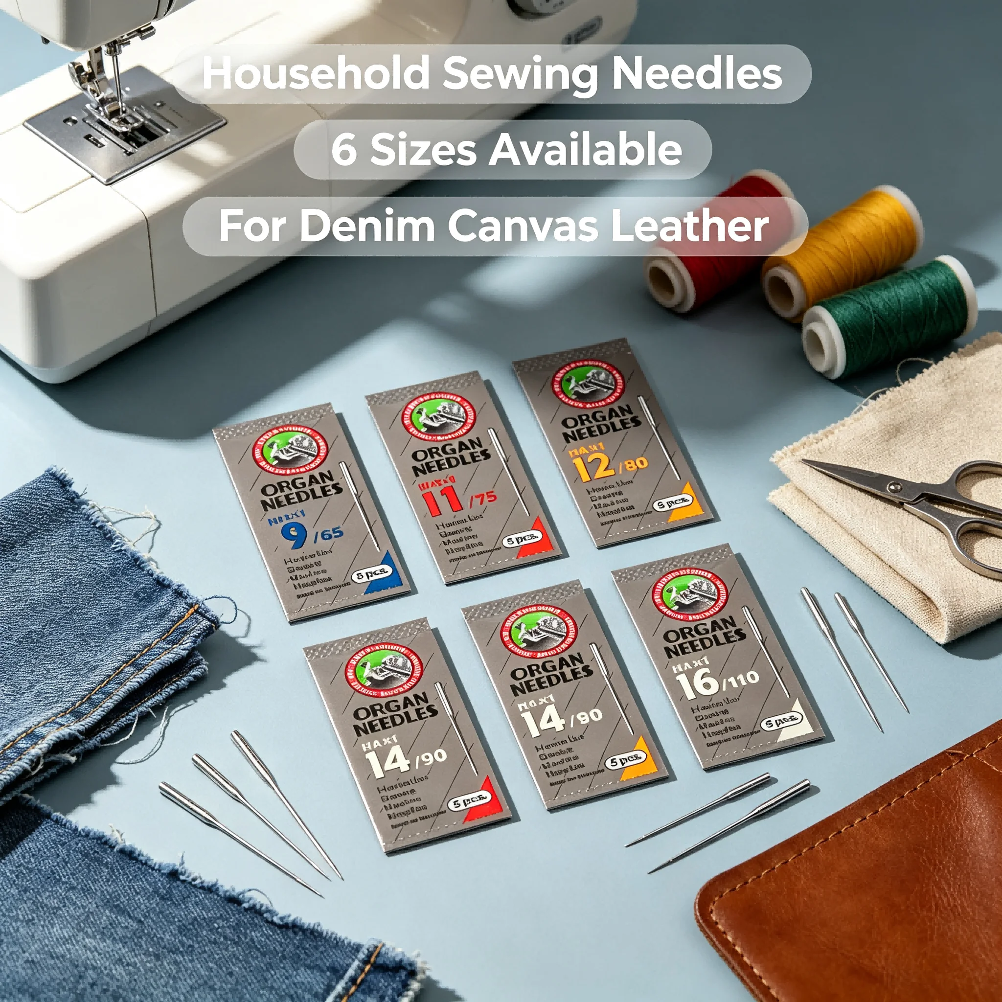 Organ Household Sewing Needles Set, 6 Sizes 9/65 to 21/130, Sharp Strong Needles for Denim Canvas Leather Fabric, Hand & Machine