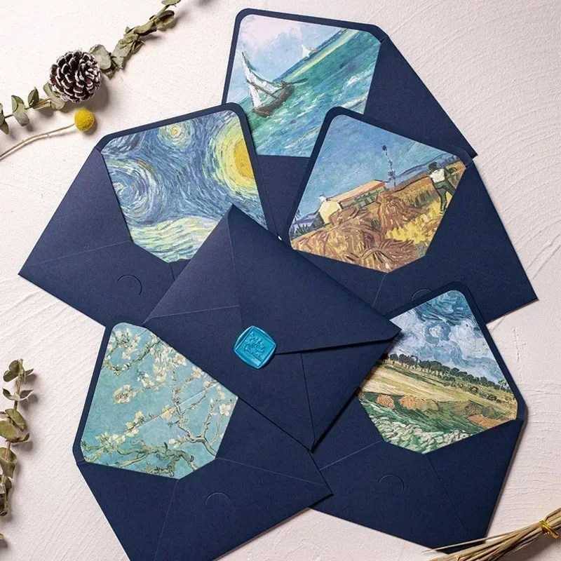 5pcs/batch of blue high-end Van Gogh romantic envelope with lining, high-end invitation letter postcard