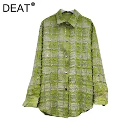 DEAT Women's Denim Shirt Loose Patchwork Burrs Edge Distressed Checkered Single Breasted Diamond Blouse 2024 Autumn New Fashion