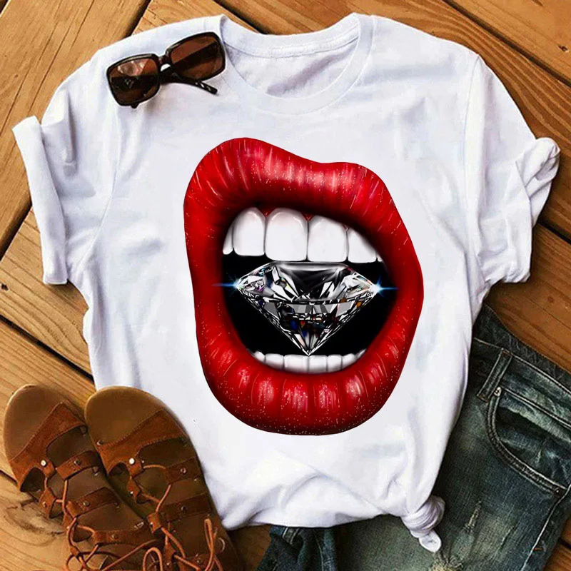 

Diamond on Lip Print Women T Shirt Short Sleeve O Neck Loose Women Tshirt Ladies Tee Shirt Tops Clothes Camisetas Mujer