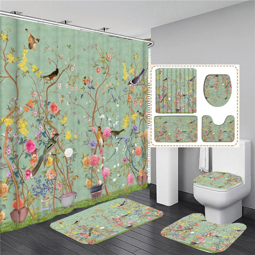 

Chinese style Flowers and Birds Waterproof Shower Curtain Set Toilet Seat Cover Bath Non-Slip Mat Rug Carpet Bathroom Decor