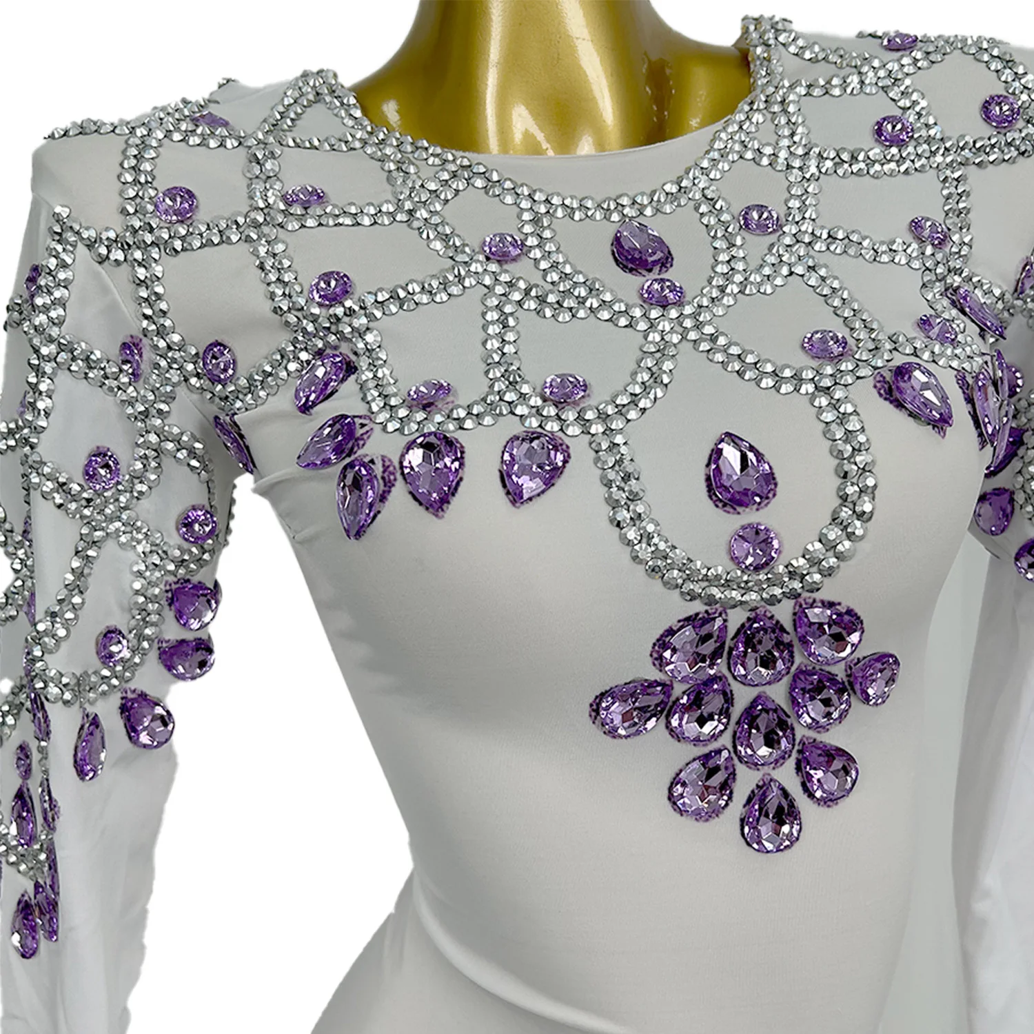 

Purple Crystal Pure White Elegant Evening Dress Tight Spandex Elastic Side Slits Gown Festival Celebrate Party Outfit Chunbai