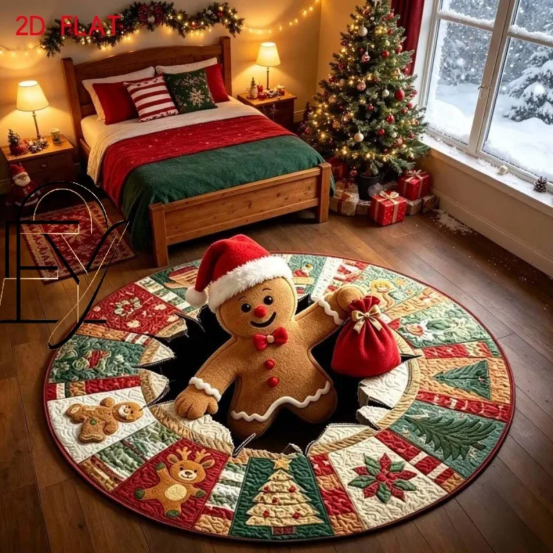 Circle Floor Blanket 2D Flat 3D Illusion Moon Phase Carpet Flannel Fluffy Warm Winter Snow Town Bedside Floorpad