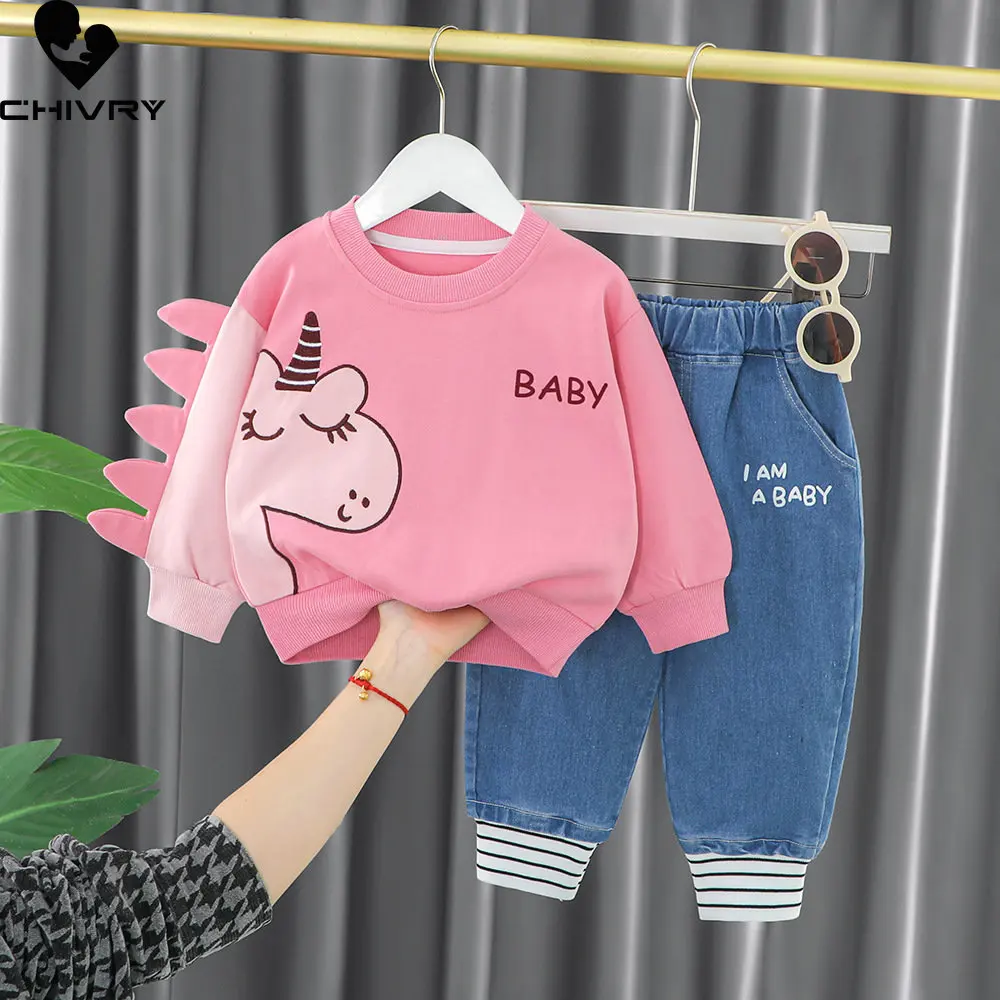 Jungen Mädchen Mode Kleidung Sets Neue 2023 Baby Junge Frühling Cartoon Tier Crew Neck Sweatshirt Tops mit Denim Hosen Kinder kleidung