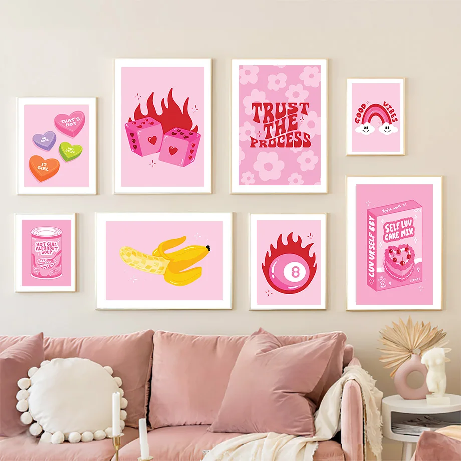 Pink Red Funky Poster Groovy Art Print Canvas Painting Girl Power Quote Retro Aesthetics Decorative Pictures for Living Room