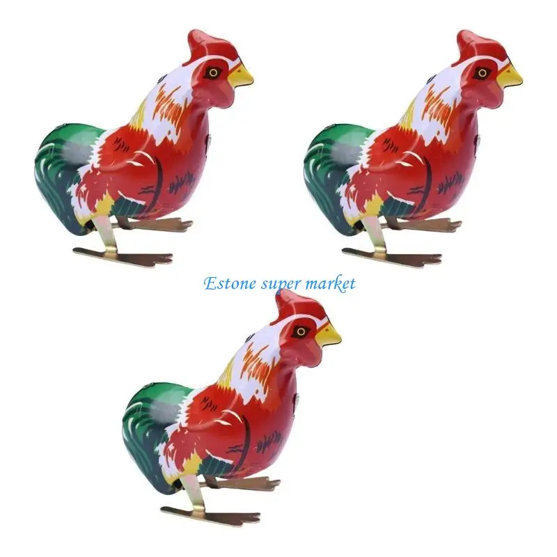 090B Antique Windup Rooster Toy Tinplate Chicken Clockworks Figure Home Decors 3PCS