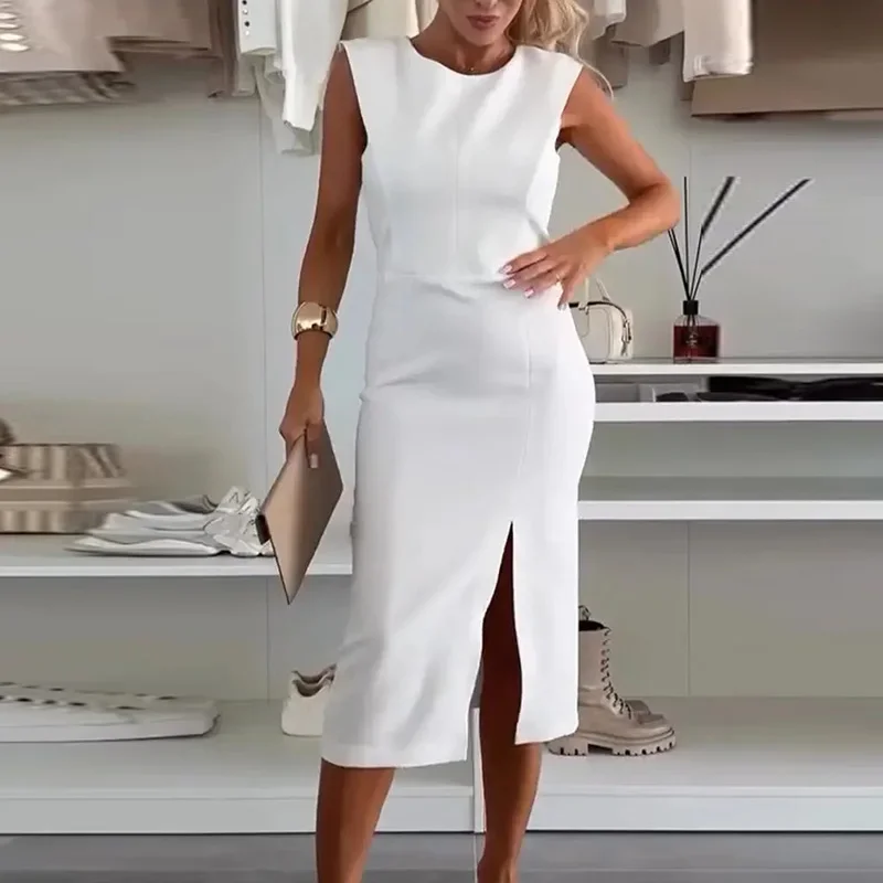 فستان مكتب أنيق للسيدات برقبة دائرية فستان مكتب نحيف موضة سادة مفتوح الشق للركاب فستان ميدي صيفي 2025 بدون أكمام للحفلات الخصر