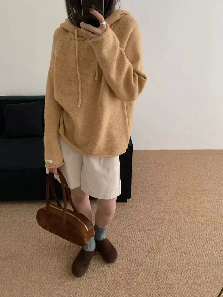 

Korean Sle Soft Cozy Hooded Women's Knitted Sweater Loose Base Layer Top Faionable Lazy Sle Winter New Arrival