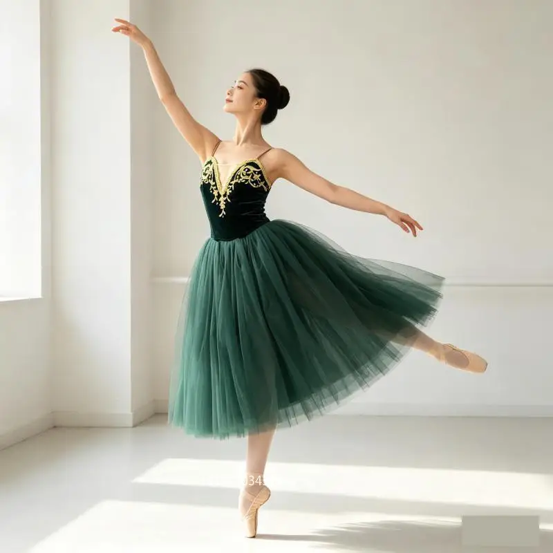 

Kids Dark Green Long Ballet Dress Girls Velvet Tulle Ballerina Costume Children's Performance Dance Dress Party Wear