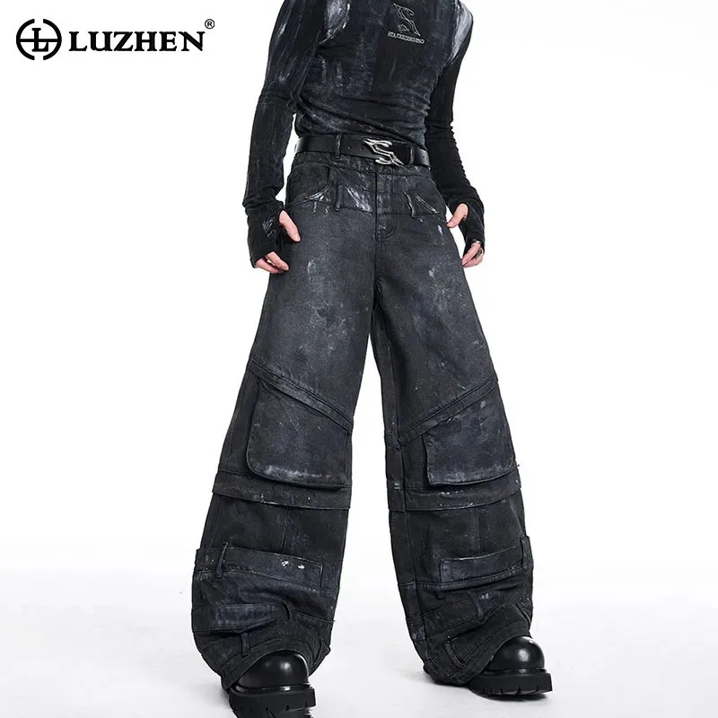 LUZHEN Jeans Cargo Trousers Straight Personalized Splicing Design Scrawl Street American Men Clothing Stylish Denim Pants LZ7319