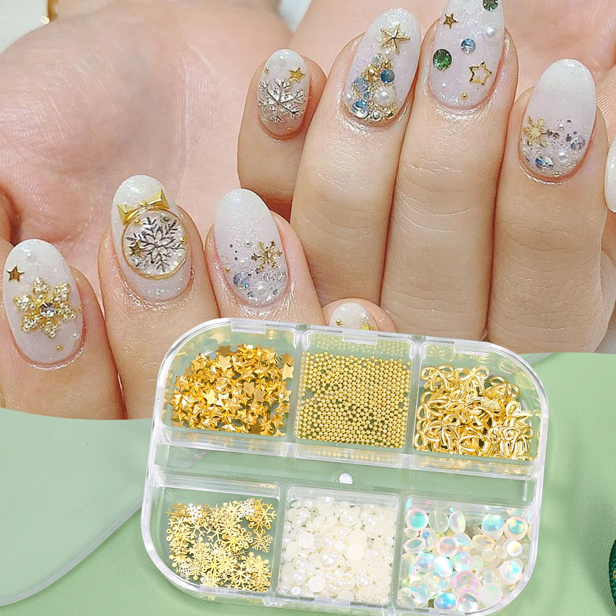 ชุดตกแต่งเล็บคริสต์มาส 6 ช่อง ลายดาว โบว์ เกล็ดหิมะ ดีไซน์เครื่องประดับ ไข่มุกคาเวียร์ ลูกปัดแบน ไข่มุกเมอร์เมด สำหรับตกแต่งเล็บฤดูหนาว