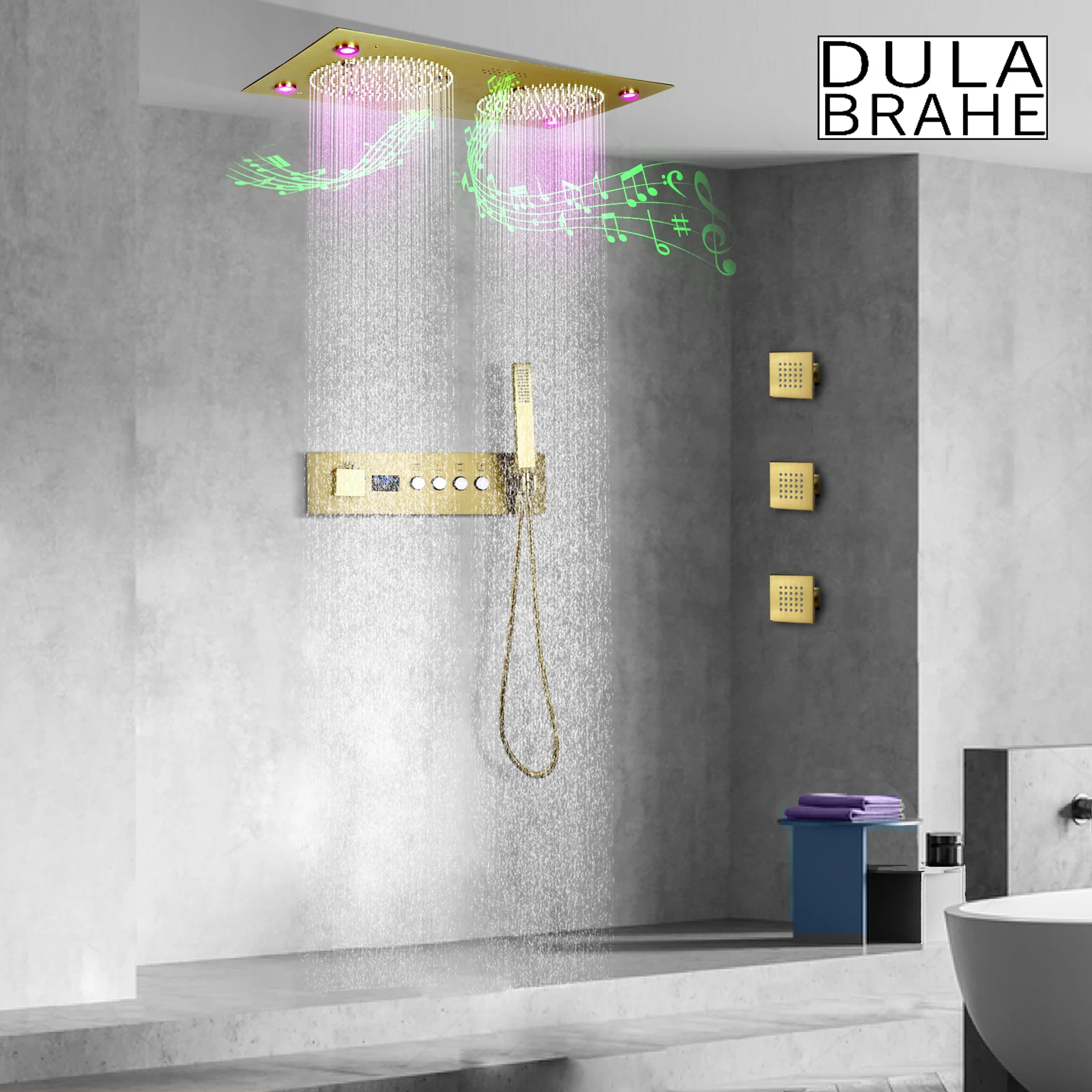 

Ceiling Mount Rain System Brushed Gold Shower Faucet Set Overhead Rain Spray Head and Handheld