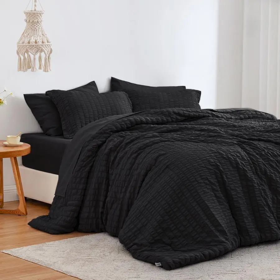 

cabin Seersucker Black Queen Comforter Set 7 Pieces, All Season Lightweight Bedding Set, Queen Bed in a Bag Comforter Set with C