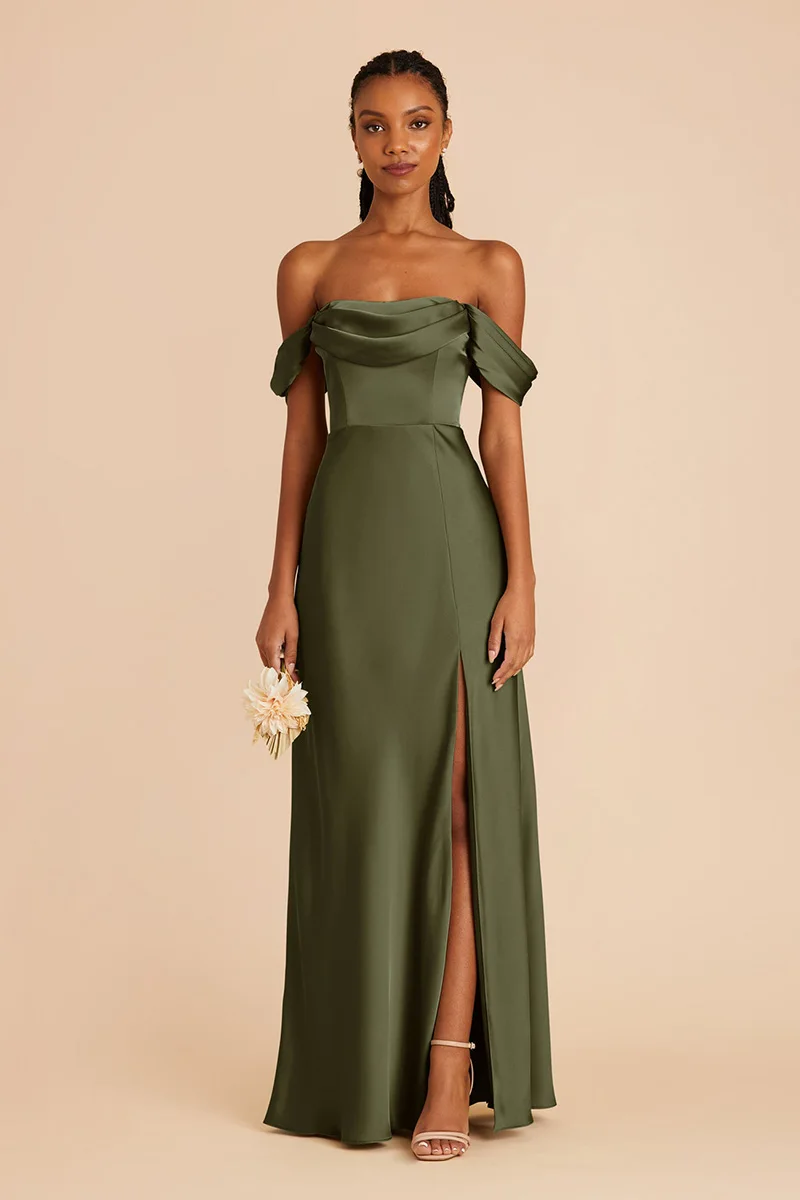 QueensLove Bridesmaid Dress Army Green Evening Dress Off the Shoulder High Split Satin Backless Party Dress